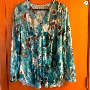 Snoskins Turquoise & Brown Long Sleeve Sheer V-Neck Blouse